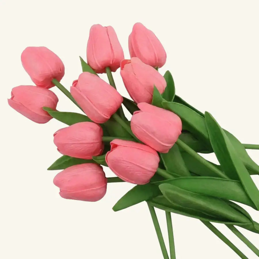 Bouquet de tulipes roses artificielles, tiges vertes et feuilles