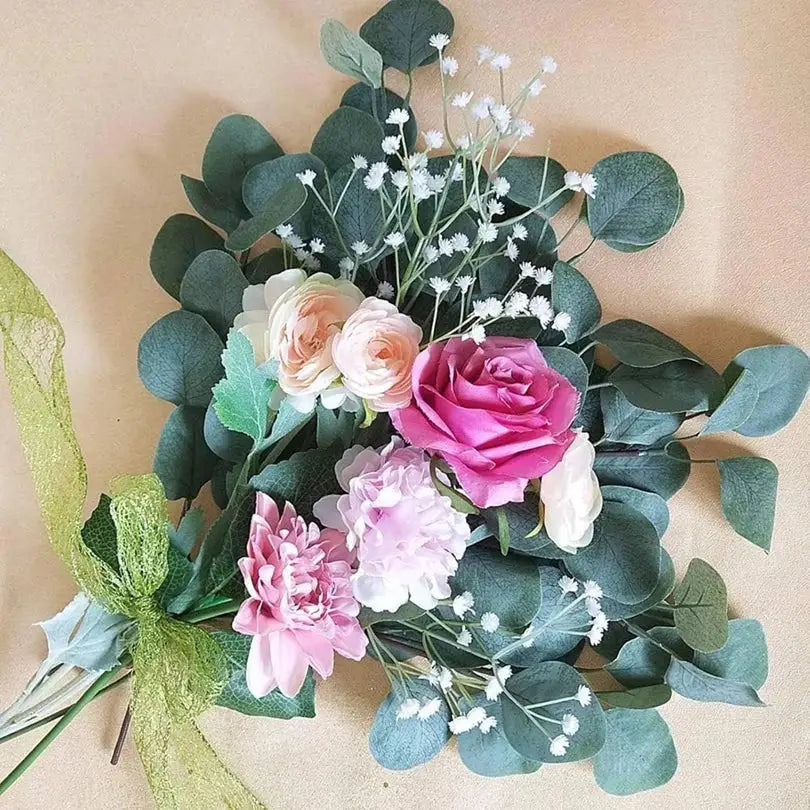 Bouquet artificiel Branche Eucalyptus avec roses roses et pêshe, hortensias blancs