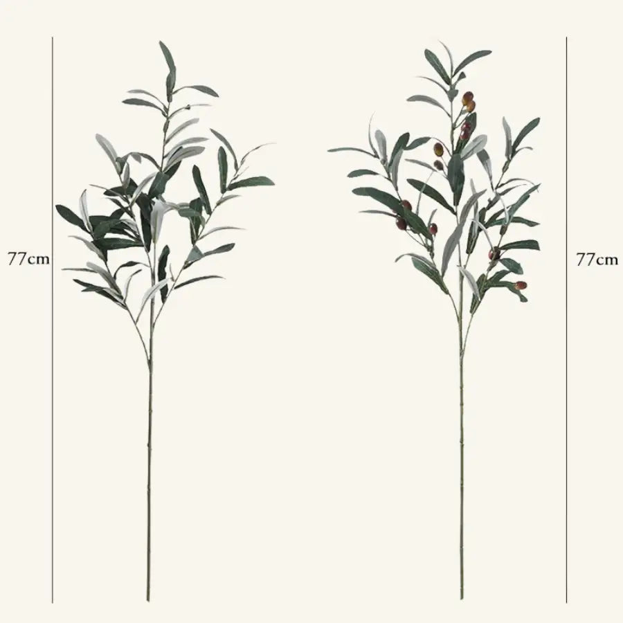 Deux branches d’olivier artificielles de 77 cm, une verte et l’autre aux olives brunes