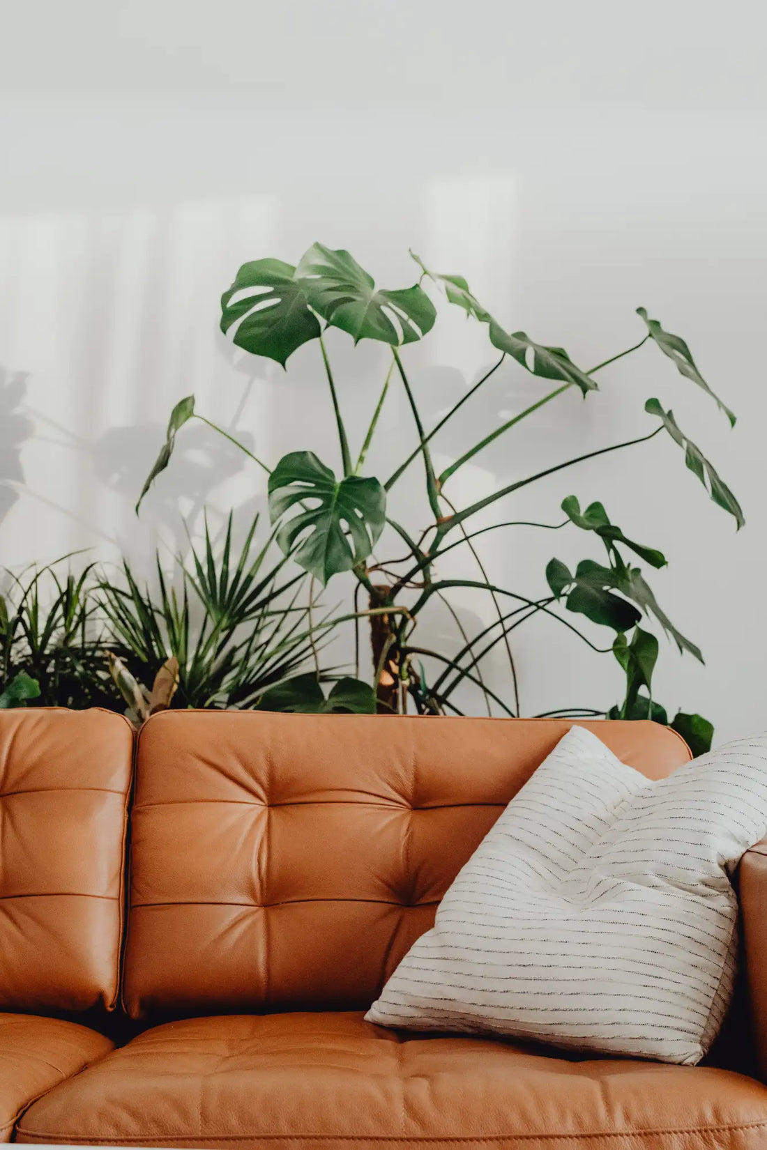 Canapé capitonné en cuir tanné beige avec un coussin rayé.