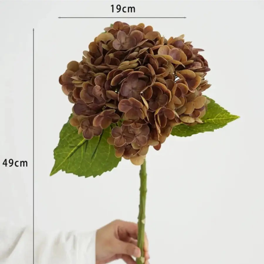 Bouquet réaliste de fleurs d’hortensia marron avec feuilles vertes, 49 cm de haut, 19 cm de large