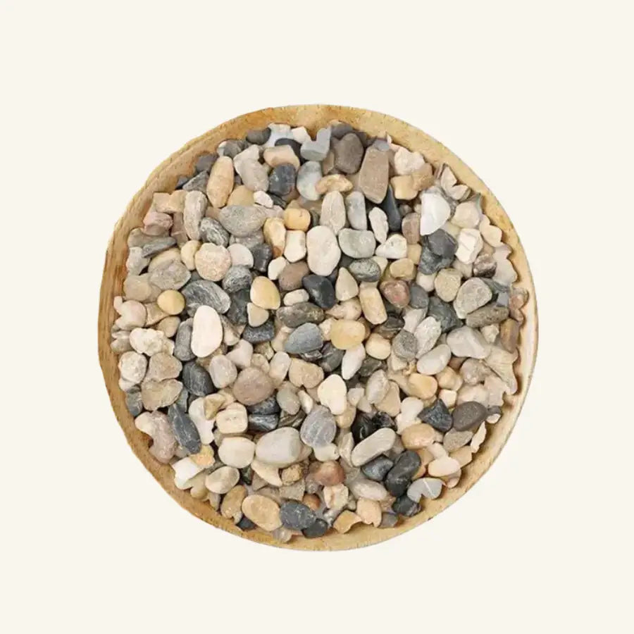 Bol en bois rustique rempli de galets décoratifs multicolores pour plantes