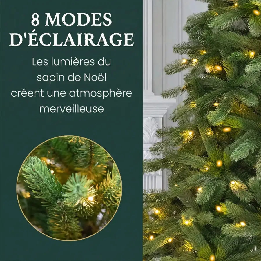 Sapin artificiel lumineux 1m80 avec aiguilles vertes denses et lumières jaunes chaudes