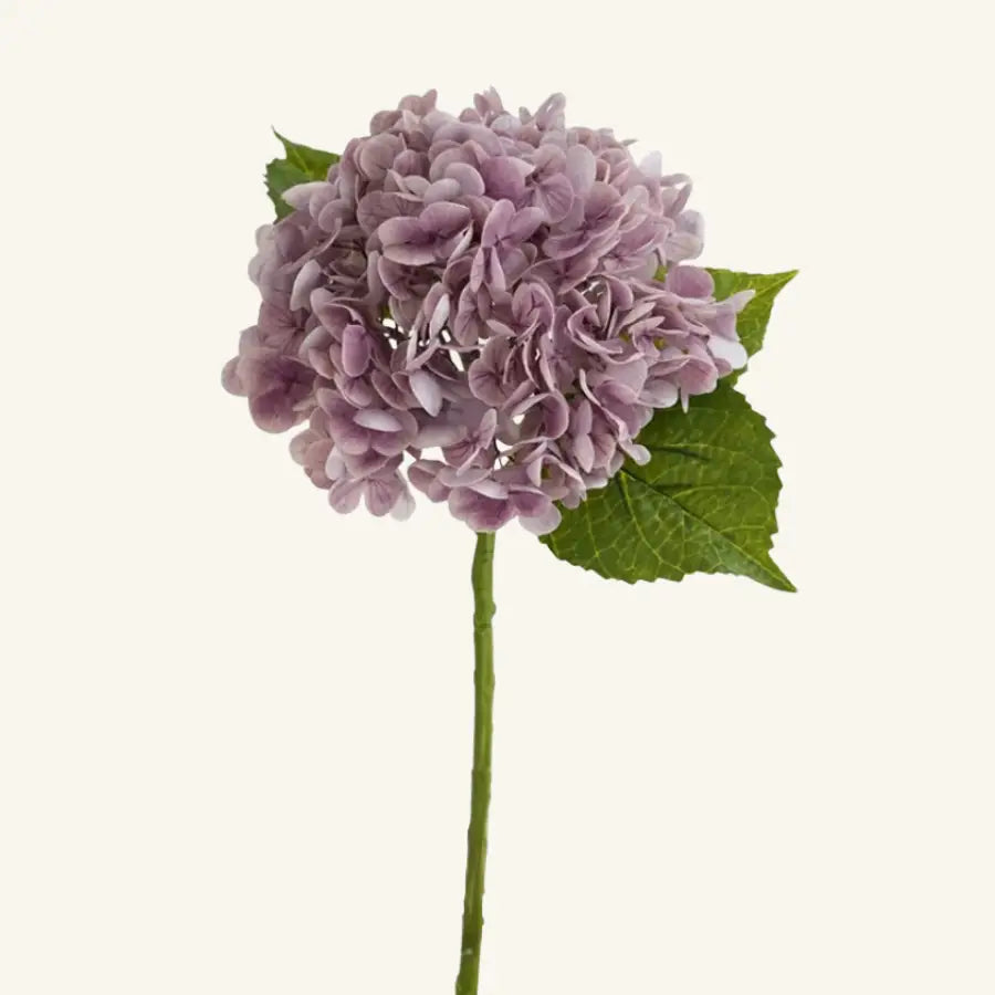 Fleur d’hortensia violet artificiel délicate aux pétales doux et feuilles vertes