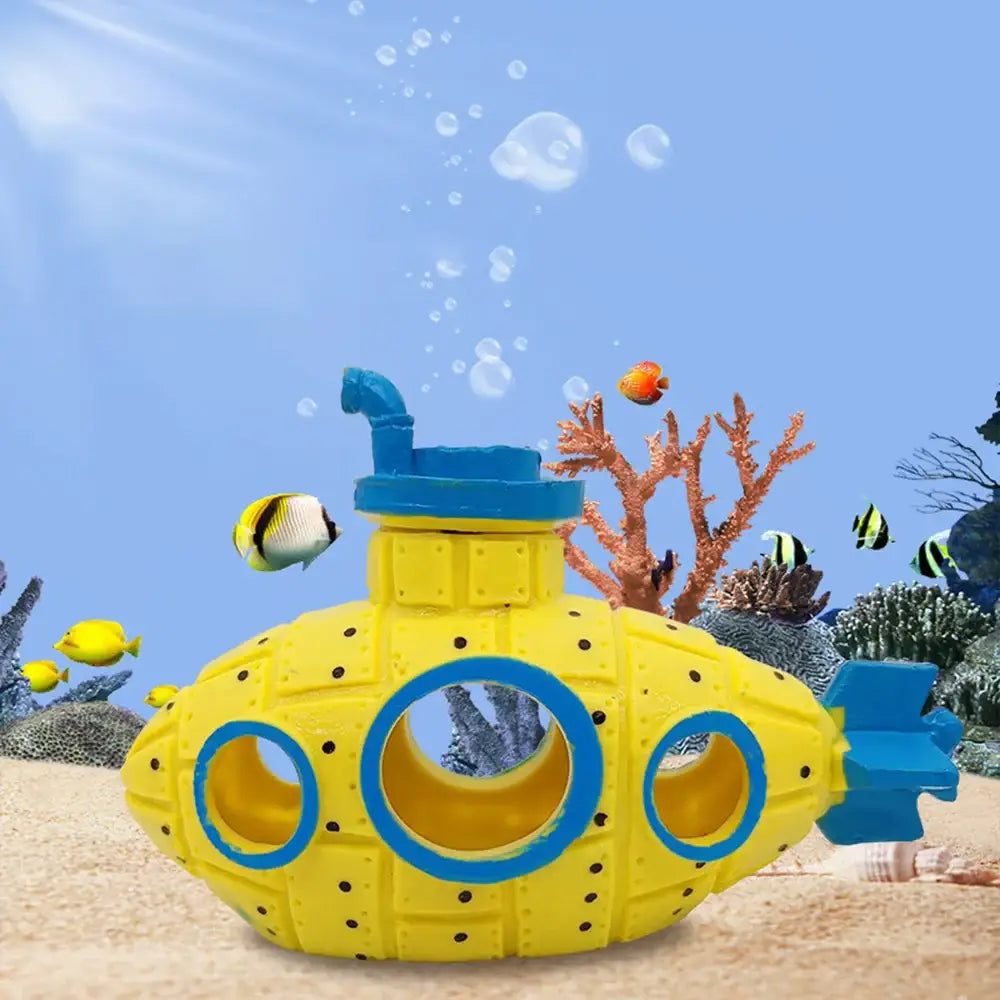 Sous-marin aquarium jaune en plastique avec accents bleus et fenêtres circulaires