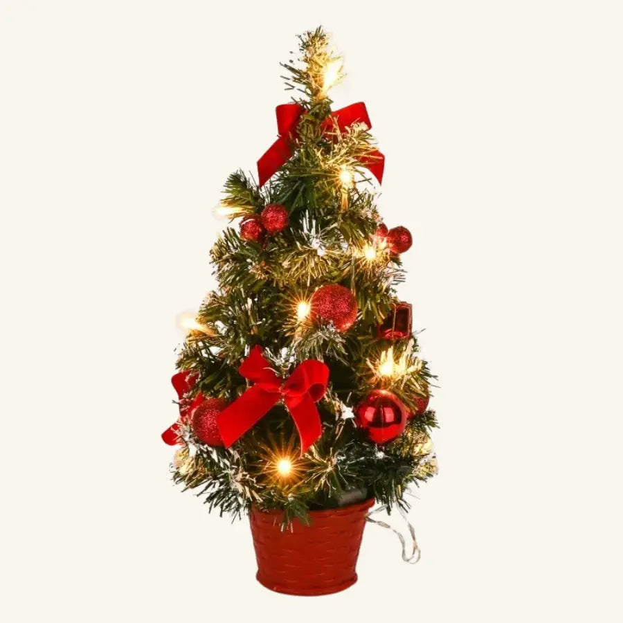 Mini sapin de Noël artificiel vert pailleté orné de boules rouges et lumières blanches