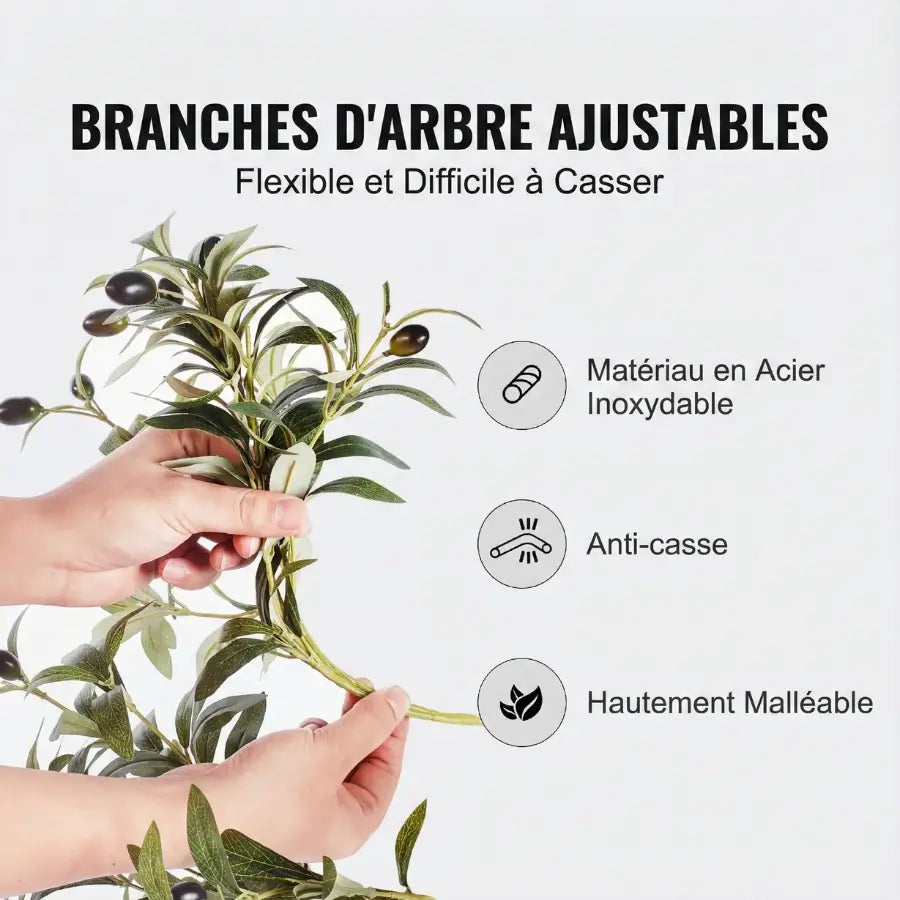 Branche d’olivier artificielle ajustable 180 cm en acier inoxydable avec feuilles vertes réalistes et olives sombres