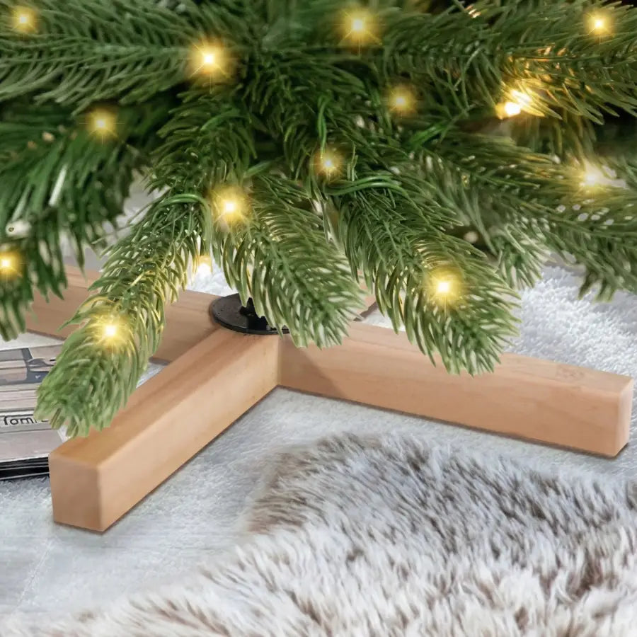 Support de sapin artificiel lumineux 1m80 en bois clair avec base noire