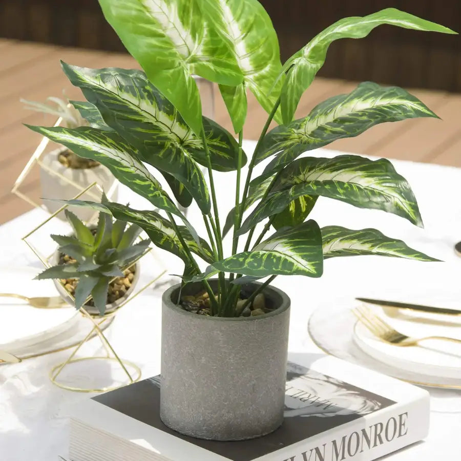 Syngonium artificiel : plante artificielle variegée verte et blanche en pot gris texturé