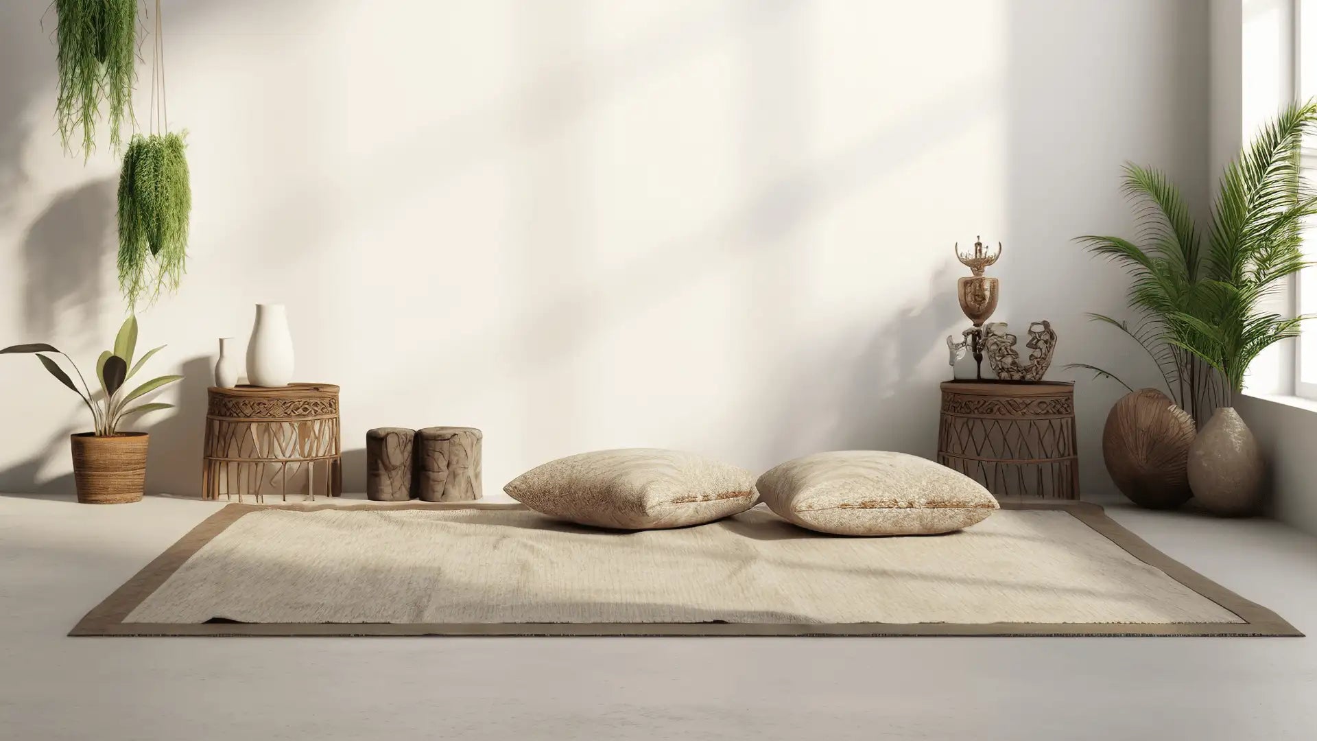 Tapis rectangulaire beige avec un tissage texturé subtil et des bords en fibres naturelles, placé au centre du sol.