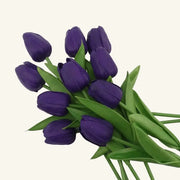Bouquet de tulipes artificielles violettes avec tiges et feuilles vertes