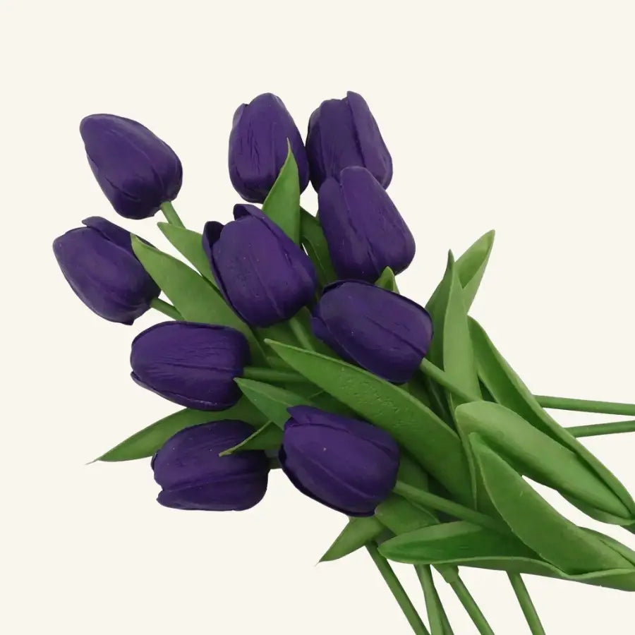 Bouquet de tulipes artificielles violettes avec tiges et feuilles vertes